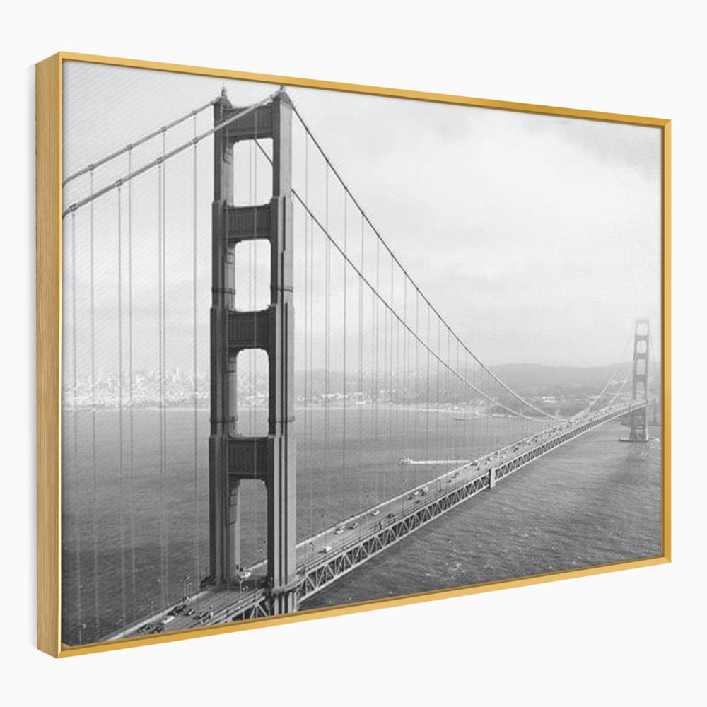 Tablou canvas cu fotografie alb-negru cu podul golden gate, in rama de aluminiu auriu
